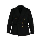 Black double-breasted suit jacket with ochre buttons